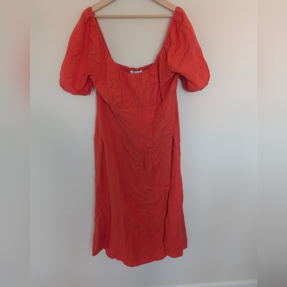 Loft Women’s Coral Puff Sleeve Square Neck Midi Dress Size 14 Milkmaid Linen - Picture 3 of 12